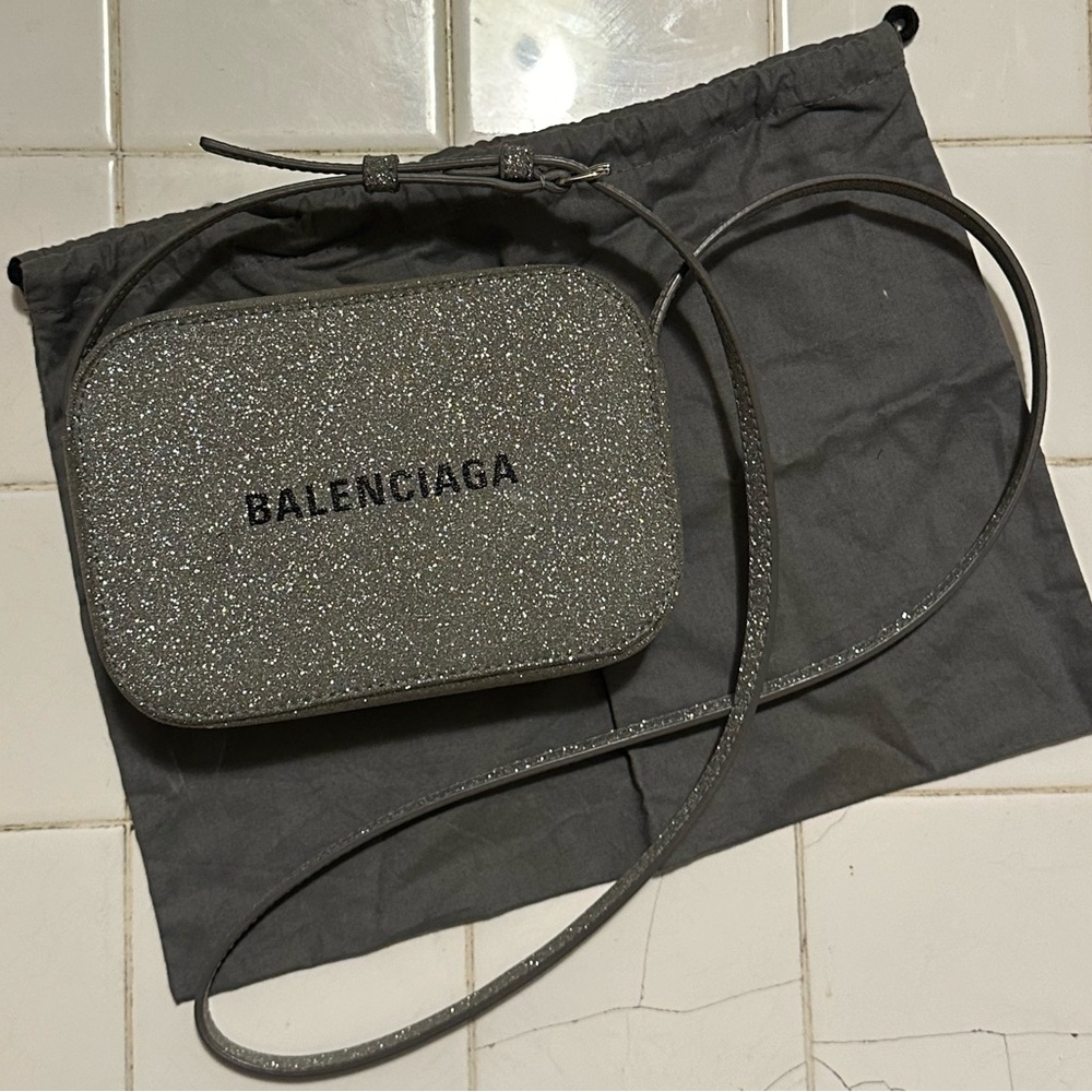 BALENCIAGA silver glitter crossbody bag